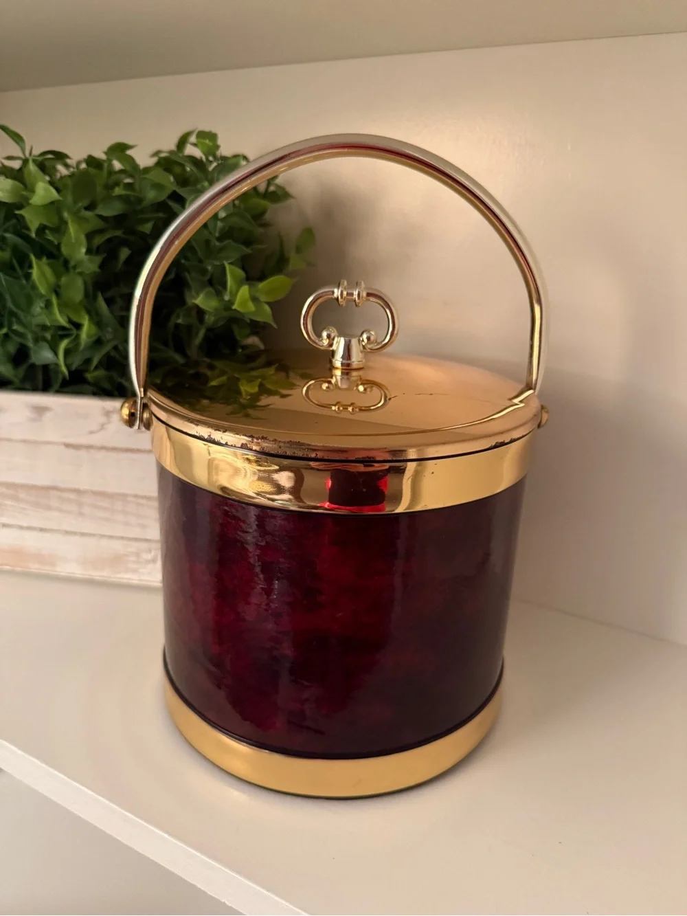 Kraftware Faux Wood Ice Bucket Gold Tone Lid Handle & Tongs Mid Century Barware
